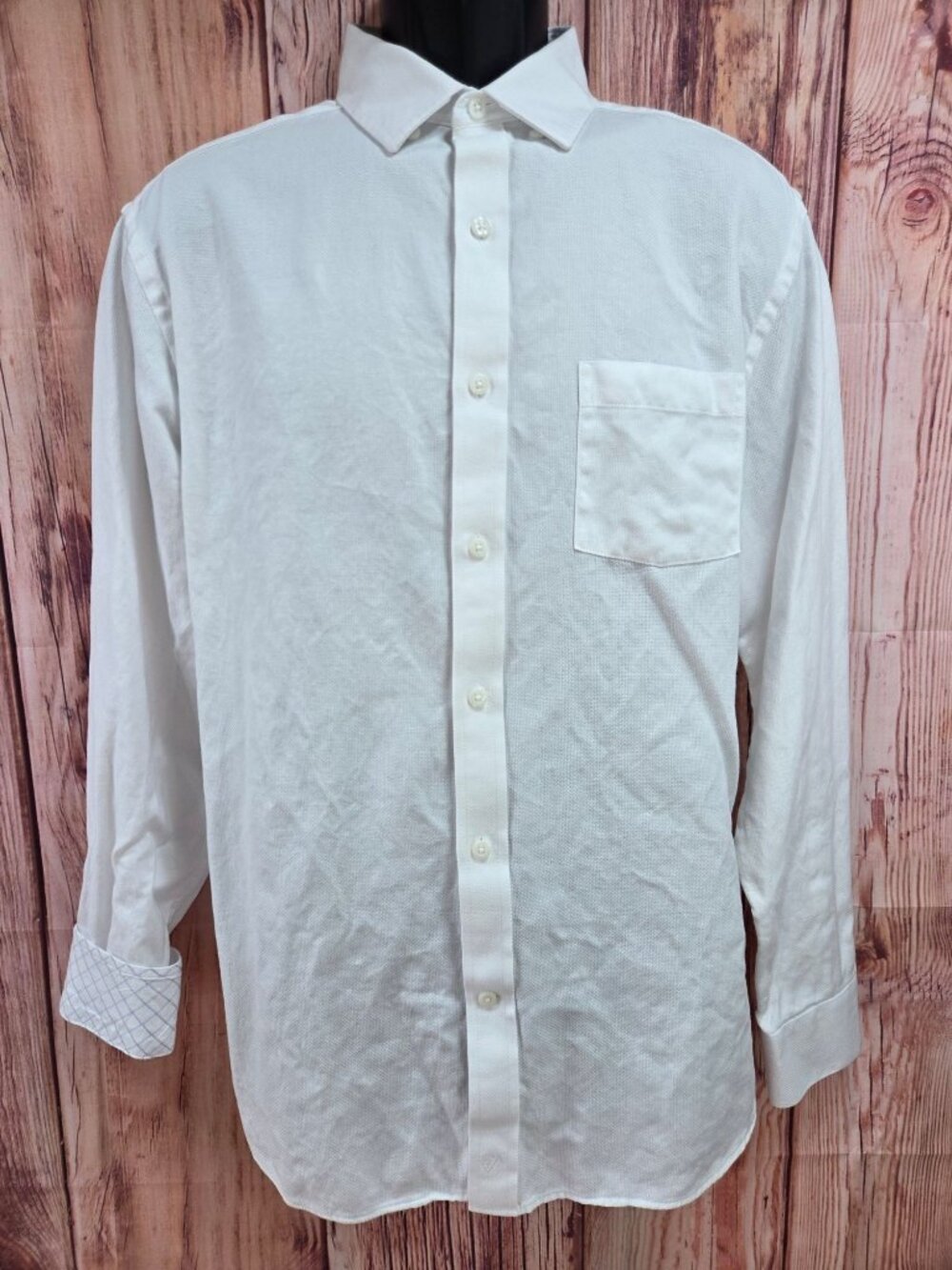 Johnston & Murphy Mens White Cotton Dress Shirt Size Large Diamond Cuff Detail